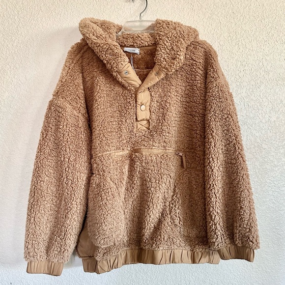 Bluivy Tan Teddy Sherpa Half Button Hooded Jacket - Picture 5 of 10